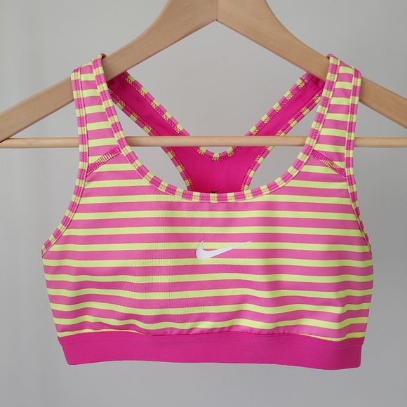 Nike Pro Stripe Sports Bra Medium Neon Pink Yellow - Picture 4 of 15
